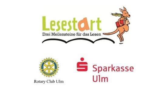 Logos "Lesestart" und der Sponsoren "Rotary Club Ulm" und "Sparkasse Ulm"