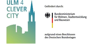 Logos des Projekts "Ulm4ClevcerCity" und des Förderers "Bundesministeriums für Wohnen, Stadtentwicklung und Bauwesen"
