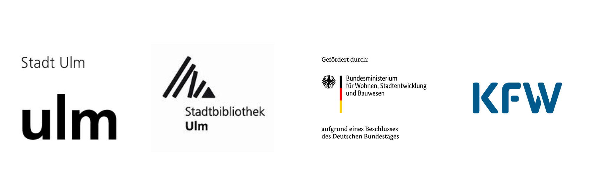 Logos der Stadt Ulm, der Stadtbibliothek Ulm und der KfW. Außerdem ein Hinweis auf Förderung durch Bundeministerium für Wohnen, Stadtentwicklug und Bauwesen.