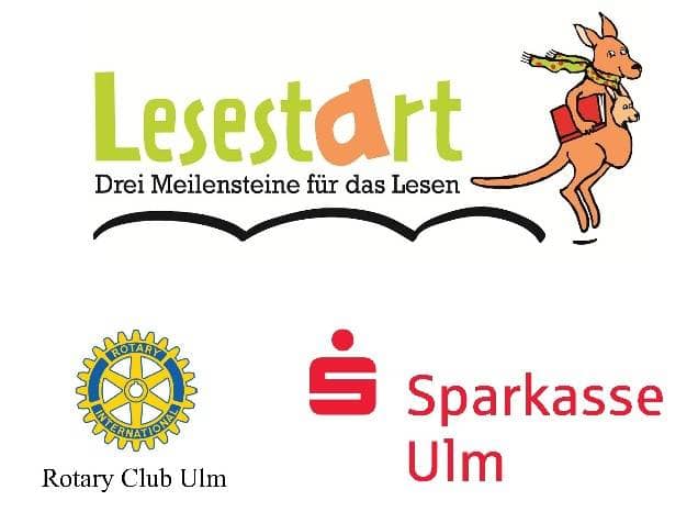 Logos "Lesestart" und der Sponsoren "Rotary Club Ulm" und "Sparkasse Ulm"