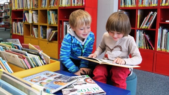 Ein blondes und ein braunhaariges Kind schauen sich zusammen ein Buch an